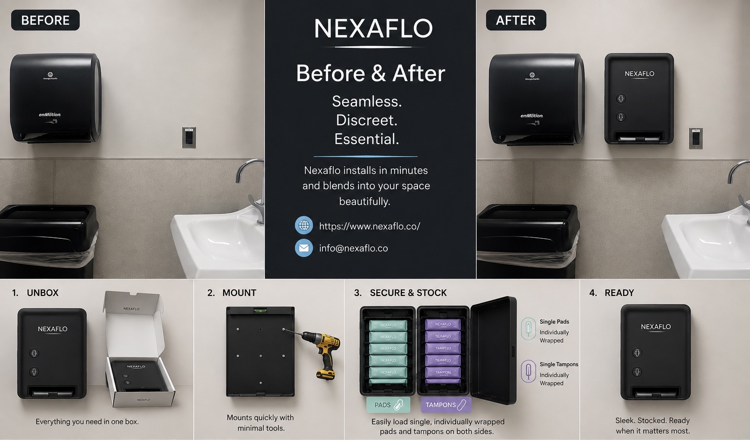 NEXAFLO before-and-after installation guide: unbox, mount, secure and stock pads and tampons, then activate the sleek touch-free dispenser in a modern restroom.