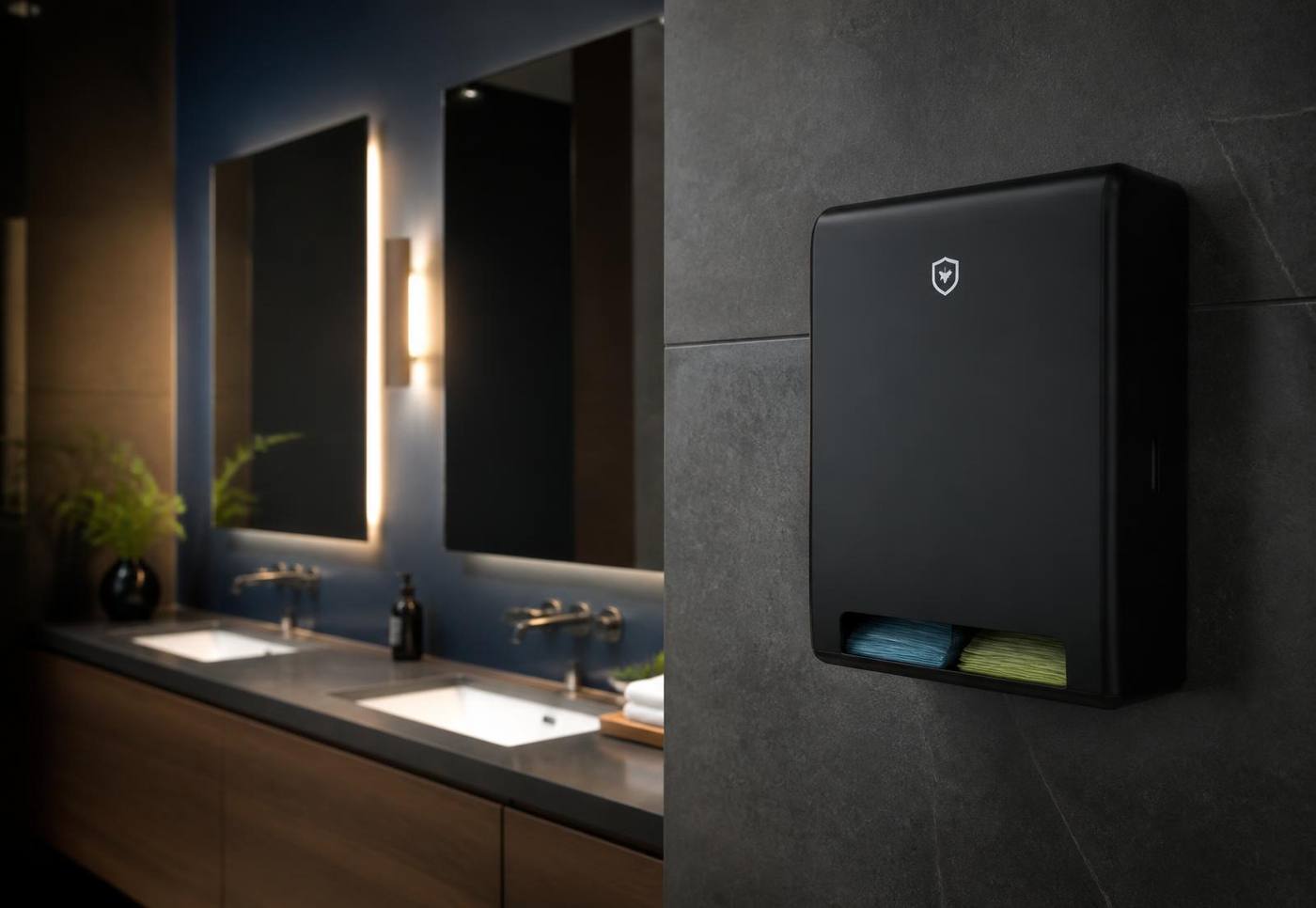 Touch-free NEXAFLO period product dispenser mounted in a high-traffic venue restroom.