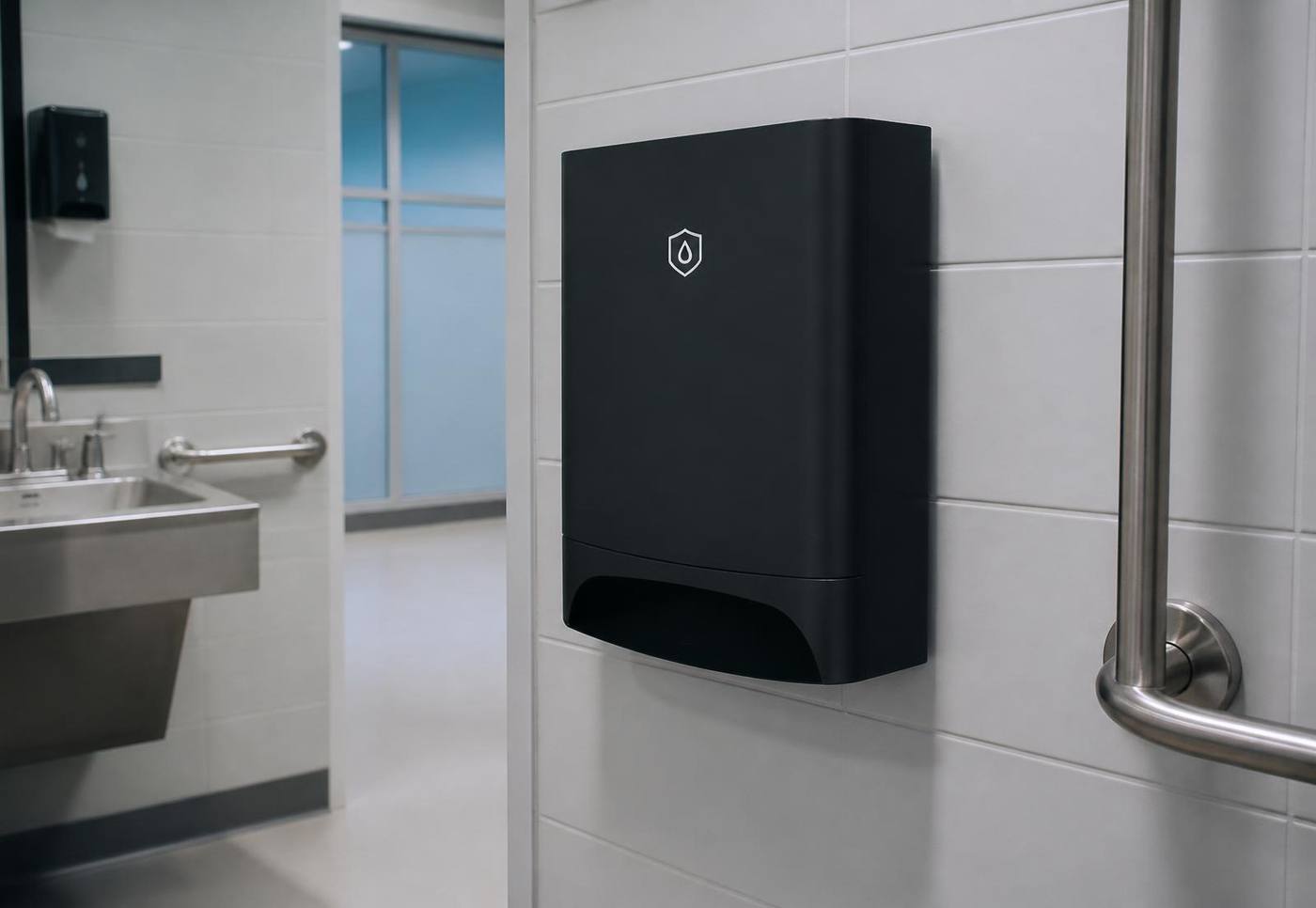 NEXAFLO touch-free menstrual product dispenser installed on a white tiled wall in a modern hospital patient restroom.