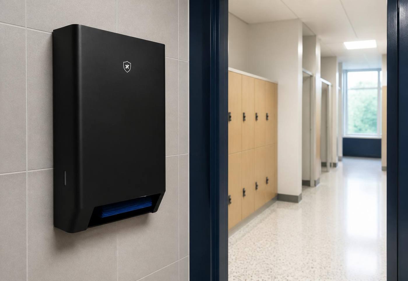 Matte black NEXAFLO touch-free menstrual product dispenser mounted in a modern high school restroom with lockers in the hallway beyond.