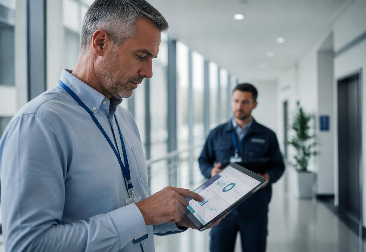 A facilities manager reviews a NEXAFLO menstrual compliance dashboard on a tablet in a modern building corridor.
