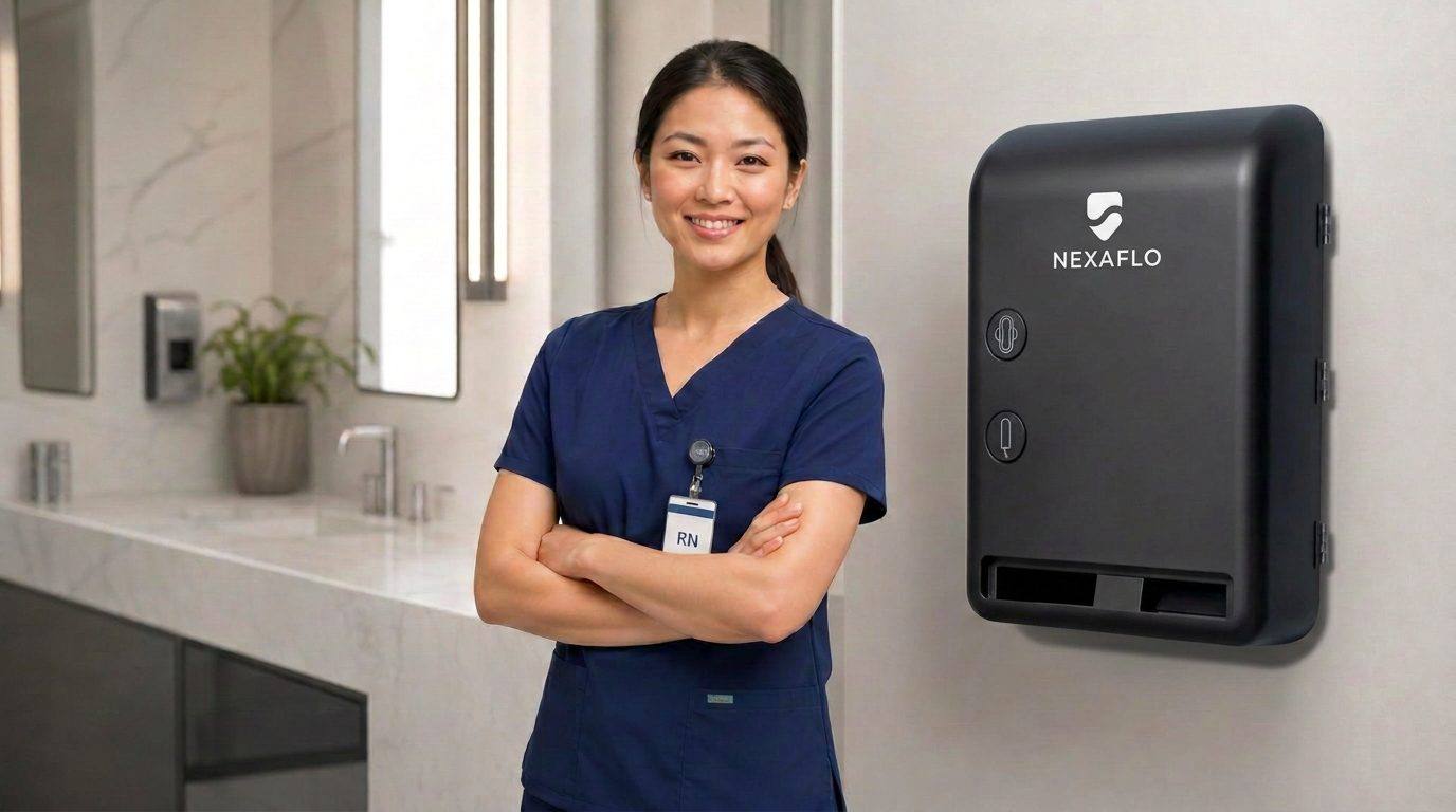 A healthcare professional in navy scrubs beside a NEXAFLO touch-free menstrual product dispenser, part of NEXAFLO's managed menstrual care solutions for hospitals and schools.