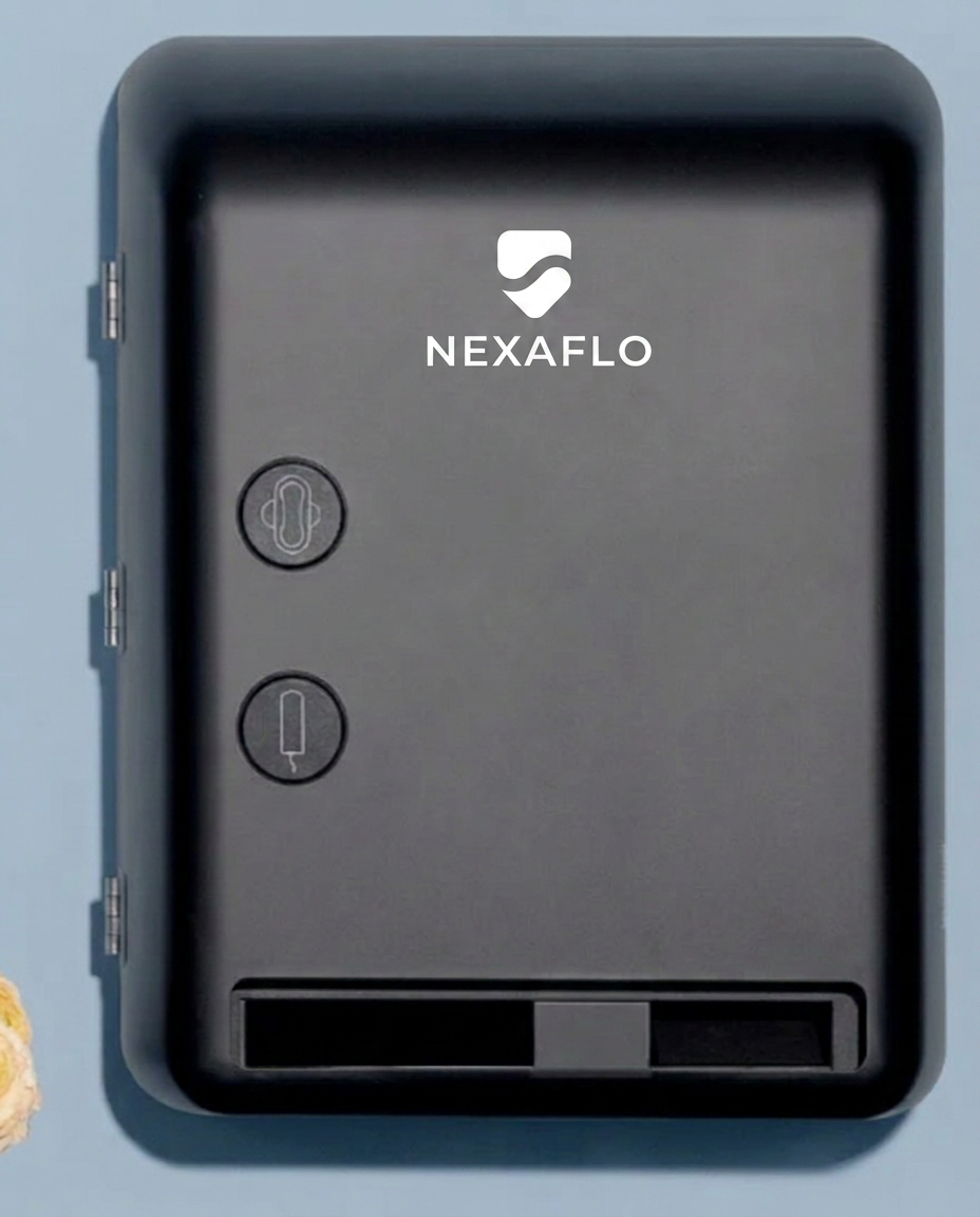 Matte black touch-free NEXAFLO dispenser mounted in a modern restroom, with products concealed inside